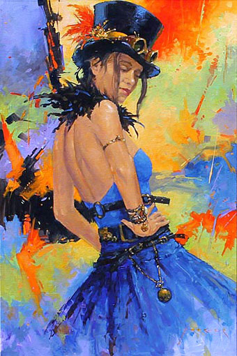 Paul Hooker nz figurative artist, steampunk blue, oil on canvas